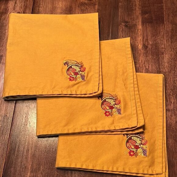 Thanksgiving Set of (3) Mustard Napkins w/ Custom Cornucopia Embroidery - Picture 2 of 11